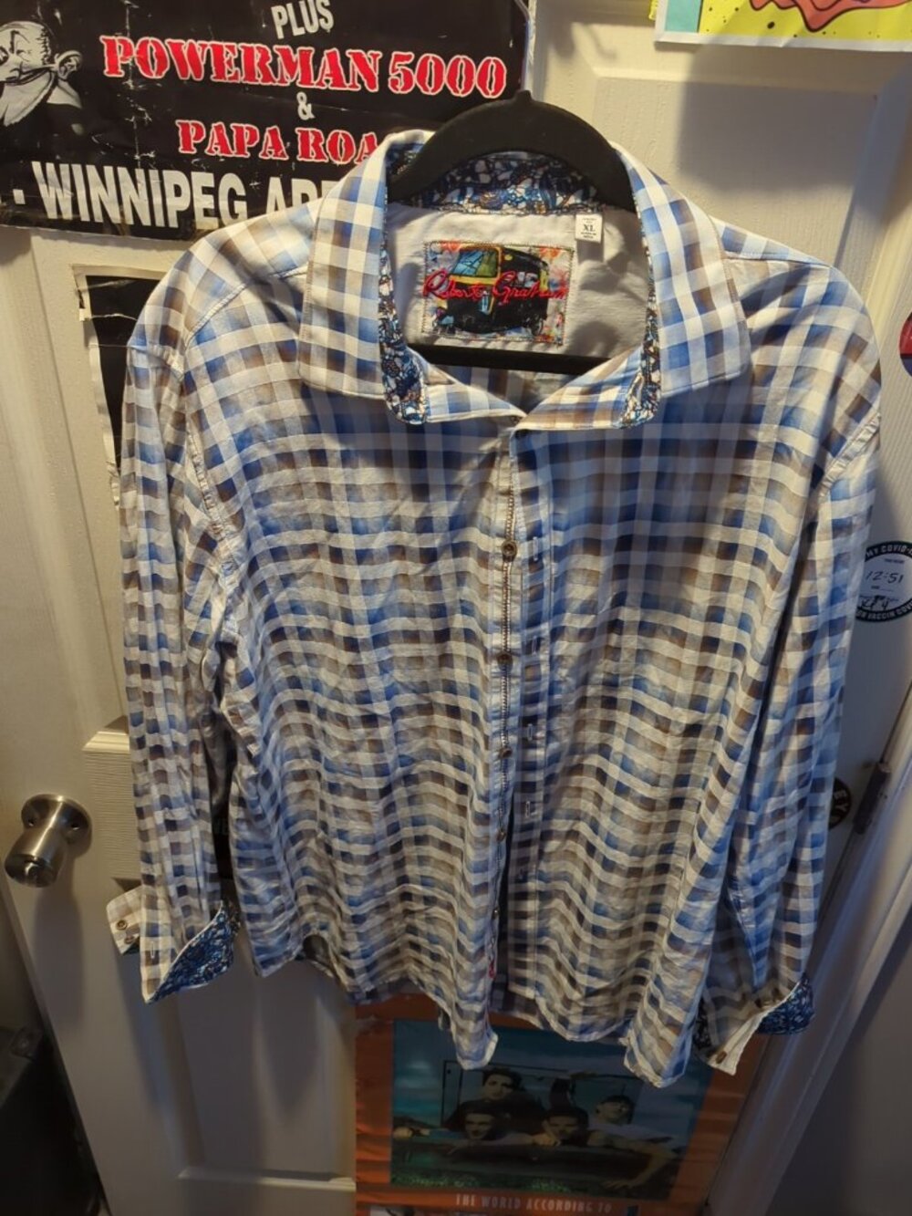 Robert Graham Men's Blue Plaid Long Sleeve Button Up Shirt Size XL Flip Cuff